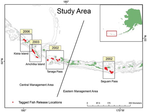 FIGURE 1. Map of the study area in the Aleutian Islands, Alaska, showing the four areas used as tag–release and recovery locations in examining Atka Mackerel abundance and movement.