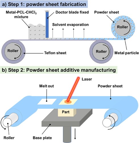 Figure 2. Schematic illustration of powder sheet fabrication process (a) and MAPS manufacturing by using feedstock of powder sheet (b).