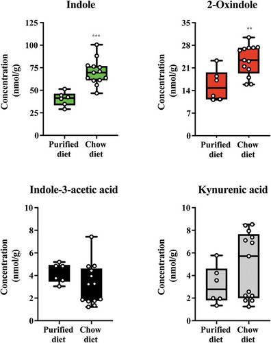 Figure 10. Diet alters levels of indole and 2-oxindole in cecal contents. Mice were fed either a chow or switched to a semi-purified AIN 93 G diet for one week. The levels of indole, 2-oxindole, indole-3-acetic acid and kynurenic acid were determined. Data groups were compared with a Student test. Each box represents the median value with Q1 and Q3 range, whiskers describe the minimal and maximal values. ** P < .01, *** P < .001.