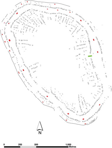Figure 2. Digitized plan of the Nebelivka geophysical survey. The main architectural features are displayed: ‘regular houses’ (grey), ‘mega houses’ (red), ‘mega-structure’ (green) and external ditch (black) M. Nebbia.