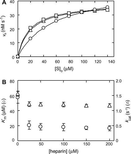 Fig. 4. HPLC analysis of activation of the MMP-7-catalyzed hydrolysis of MOCAc-PLGL(Dpa)AR by Heparin.Note: MMP-7 was pre-incubated in the presence or absence of heparin at pH 7.5 at 25 °C for 10 min. The reaction was carried out with 32 nM MMP-7, 0–140 μM MOCAc-PLGL(Dpa)AR, and 0−200 μM heparin at 25 °C at pH 7.5, and stopped at an appropriate time.( A) Effects of the initial substrate concentrations, [S]o, on vo. The solid line represents best fit of the Michaelis–Menten equation by the non-linear least-squares method. Symbols for heparin concentration (μM): 0, hollow circle; 25, hollow triangle; and 200, hollow square. (B) Effects of the heparin concentration on Km and kcat.