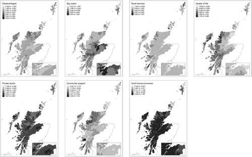 Figure 3. Maps: intrinsic dimensions of IG performance.Source: Spatial data shown: Appendix 1.