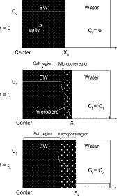 Figure 5. Schematic images of the diffusion of a component in the BW (t: time, t2 > t1 > 0; X: distance from the center of the BW to interface between the BW and water in one direction, X2 > X1 > X0; Ct: concentration of a component leached from the BW in time, C2 > C1 > 0; C0: initial concentration of a component in the BW).