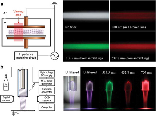 Figure 7. (a) Schematic of the experimental apparatus for an argon 13.56 MHz capacitive discharge and photographs of the unfiltered emission profile and the filtered emission profiles of 700.0 nm (corresponding Ar I), 514.5 nm, and 632.8 nm [Citation118]. Reproduced by permission of IOP Publishing. (b) Plasma apparatus for the argon nanosecond-pulsed plasma jet with the relevant power system, and optically unfiltered and filtered images taken using a DSLR camera with interference filters with center wavelengths of 514.5 nm, 632.8 nm, and 700 nm [Citation84]. Reproduced by permission of IOP Publishing.