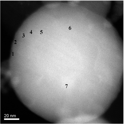 FIG. 7 STEM annular dark field image of a welding particle characterized using EDS. Analysis was carried out at the points shown using a 0.5 nm diameter electron beam and with acquisition times typically of 60 s.