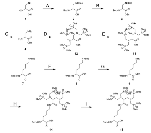 Scheme 2. Fmoc-EDTP monomer for the introduction to PNA. (A) (Boc)2O, K2CO3, H2O/1,4-dioxane = 1/1, 98%; (B) benzyl bromide, Et3N, THF, 89%; (C) TFA, CH2Cl2, 95%; (D) dimethyl phosphite, paraformaldehyde, THF, 43%; (E)H2, 10% Pd/C, MeOH, 90%; (F) Z-Cl, DIEA, DMAP, CH2Cl2, quant; (G) TFA, CH2Cl2, quant; (H) 13, DIEA, HOBt, HBTU, DMF, 48% (I) H2, 10% Pd/C, MeOH, 82%.
