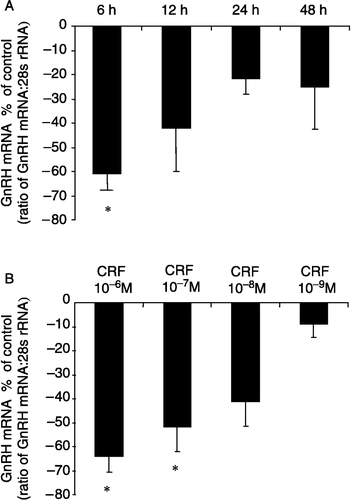 Figure 2 Effects of CRF on GnRH mRNA expression in GT1-7 cells at different time points and with different doses. (A) A significant suppression in GnRH mRNA expression was observed with 6 h CRF (10− 7 M) treatment. (B) The effect of 6 h treatment with different concentrations of CRF on GnRH mRNA expression in the GT1-7 cell line. CRF induced a dose-dependant inhibition of GnRH mRNA expression with the maximum response at 10− 6 M. Quantification of GnRH mRNA and 28S rRNA was carried out on all samples and the values expressed as a ratio of GnRH mRNA to 28S rRNA (mean ± SEM). The results are presented as the percentage of control. *P < 0.05 vs. control: One-way ANOVA, followed by Dunnett's test. All treatments were performed in triplicate and experiments were repeated three times.