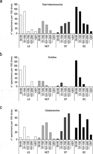 Figure 7. Bathymetric and geographical patterns of relative abundance (expressed as the number of specimens per 100 dives) of (a) total Heterobranchia, (b) Doridina, and (c) Cladobranchia.