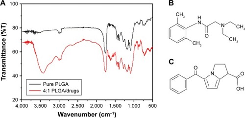 Figure 5 Physical characteristics of the drug-eluting nanofibers.Notes: (A) Fourier transform infrared (FTIR) spectroscopy spectrum. A strong absorption at wavenumber 3,400 cm−1 correlates to the amine N−H stretch and two weak absorptions at wavenumbers 1,725 and 1,300 cm−1 correlates to the carbonyl C=O stretch and ether C−O stretch. (B) Structure of the lidocaine molecule. (C) Structure of the ketorolac molecule.Abbreviation: PLGA, poly(D,L)-lactide-co-glycolide.