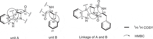 Figure 2. Partial structures of compound 1 based on 1H-1H COSY and HMBC spectra.