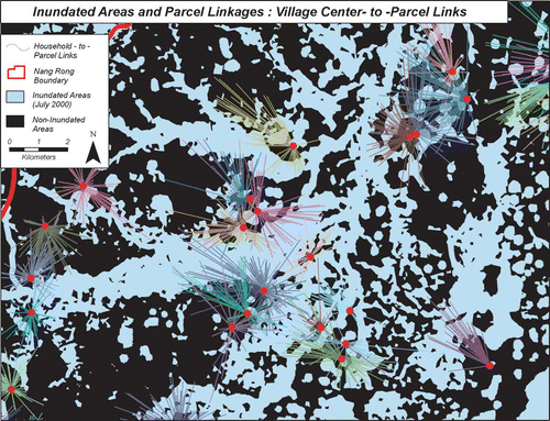 Figure 3. Inundated Areas and Parcel Linkages: Villages Center-to-Parcel Links.