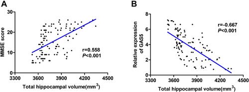 Figure 4 Correlation analysis of total hippocampal volume, MMSE score, and GAS5 levels in patients with AD. (A) Positive correlation between MMSE score and total hippocampal volume. (r = 0.558, P< 0.001) (Pearson analysis). (B) Negative correlation between total hippocampal volume and expression of GAS5 (r =−0.667, P< 0.001) (Pearson analysis).