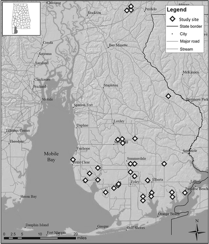 Figure 1. Map of Baldwin County, Alabama, displaying the distribution of 30 headwater wetlands sampled during summer 2009.