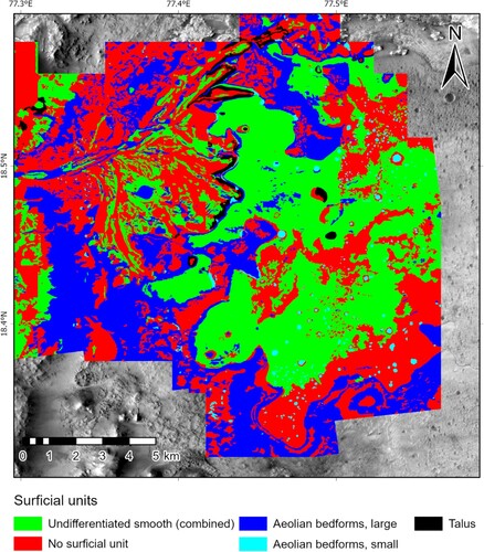 Figure 6. Simplified surficial unit photogeological map of Jezero crater from CitationStack et al. (2020). We have symbolised units in this map to match similarly defined NOAH-H interpretive groups to ease comparison between these products (see Figure 4).