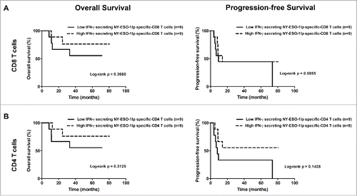 Figure 7. Overall survival and progression-free survival depending on the maximal level of IFNγ+ NY-ESO-1-specific CD8+ T-cell (A) and CD4+ T-cell (B) frequencies reached during the study after IVS. (A). Overall survival (left panel) and progression-free survival (right panel) in patients with low frequencies of IFNγ+ NY-ESO-1-specific CD8+ T-cells (lower than the median, n = 9) and in patients with high frequencies of IFNγ+ NY-ESO-1-specific CD8+ T-cells (higher than the median, n = 9). (B) Overall survival (left panel) and progression-free survival (right panel) in patients with low frequencies of IFNγ+ NY-ESO-1-specific CD4+ T-cells (lower than the median, n = 9) and in patients with high frequencies of IFNγ+ NY-ESO-1-specific CD4+ T-cells (higher than the median, n = 9).