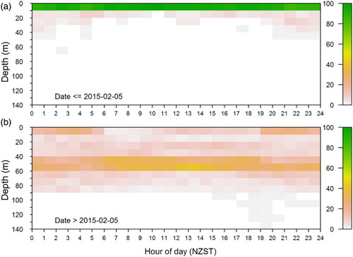 Figure 7. Diel variation in depth distribution for a hammerhead shark (Sphyrna zygaena, Shark 5) during the two time phases identified in Figure 5. NZST, New Zealand Standard Time.