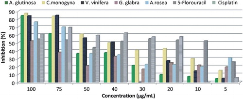 Figure 1. The antiproliferative activities of the plant extracts against C6 cell lines. The results were expressed as percentage of cell proliferation inhibition compared with standard drugs. Data were presented as mean ± SD (n = 3).