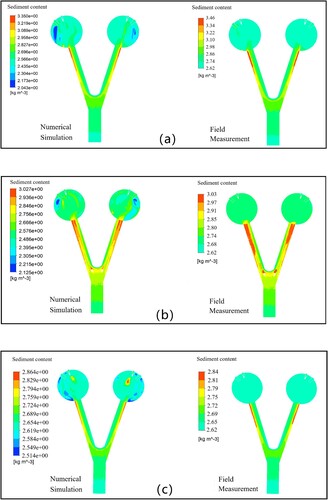 Figure 12. Comparison between the numerical simulation and measured sediment content of section y1: (a) Original Scheme; (b) Scheme 3; (c) Scheme 19.