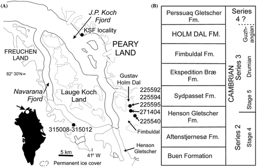 Figure 1. A. derivation of GGU samples from the Holm Dal Formation in North Greenland. B, Cambrian stratigraphy of the southern J.P. Koch Fjord area, North Greenland.