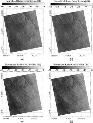 Figure 1. NRCS maps of GF-3 SAR image acquired at 09:13 UTC on 4 April 2020: (a) vertical–vertical polarization; (b) horizontal–horizontal polarization; (c) vertical–horizontal polarization; and (d) horizontal–vertical polarization.
