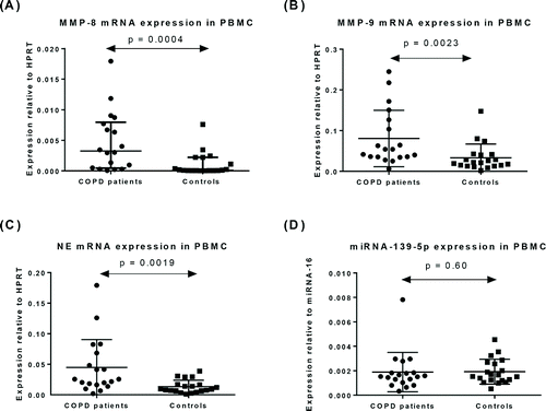 Figure 1. Expression of mRNA for (A) MMP-8, (B) MMP-9, (C) NE, and (D) miRNA-139-5p in PBMC from patients with COPD (n = 19) and healthy controls (n = 20). Data represented as mean ± SD.