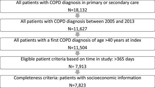 Figure 2 Flowchart represents the patient selection procedure of the study. In the ARCTIC study, there was a total of 18,132 COPD patients. Of these, 7823 patients had their first COPD diagnosis between 2005 and 2013 AND were over 40 years old at index AND were enrolled in the study for more than 365 days AND had available socioeconomic information. These patients fulfilled all inclusion criteria and were eligible for the study.