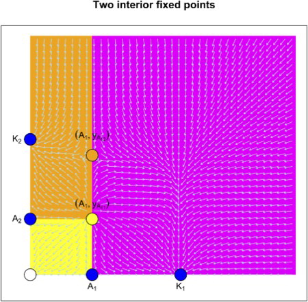 Figure 5. The phase space diagram in the case of two interior fixed points. There are three regions: extinction region (yellow), exclusion region of x (brown) and exclusion region of y (magenta).