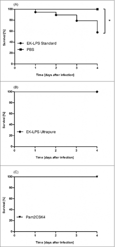 Figure 1. G. mellonella larvae (n ≥ 19) were injected with 100 µg standard pure (ST LPS) (A), ultrapure LPS (UP LPS) (B) or synthetic TLR2 ligand Pam2CSK4 (C) dissolved in 10 µl of PBS. As negative control, larvae were injected with the same volume PBS. Survival was analyzed over 4 d. The figure clearly shows that ST LPS injected larvae but not the UP LPS or PBS injected larvae die upon injection. Shown data are mean values ± SD. ## = P ≤ 0.01, Log-rank (Mantel-Cox) Test