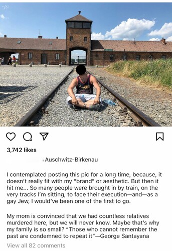 Figure 4. An (anonymised) US American man poses at the Auschwitz site.