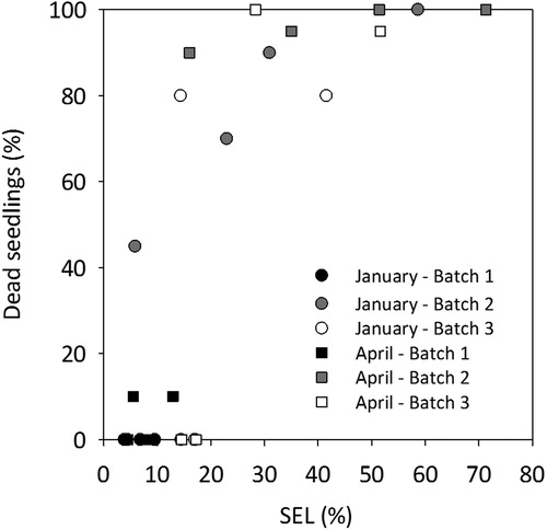 Figure 2. The relation between shoot electrolyte leakage (SEL %) and seedling mortality (%) for each of three batches (1–3) measured after frozen storage. The three different batches were frozen stored at four occasions (Table 2) and stored until January or April. Shoot electrolyte leakage (SEL %) was measured on 20 seedlings (5 seedlings in 4 replicates) from each batch before planting seedlings in a regrowth test (RGC) starting on 27 January and 9 April, respectively. Post-storage mortality (%) determined 3 weeks after planting was based on 20 seedlings (5 seedlings in 4 replicates) for each batch and storage occasion. For the relation between SEL (%) and mortality (%) logarithmic regressions for all observations resulted in R2 = 0.635.