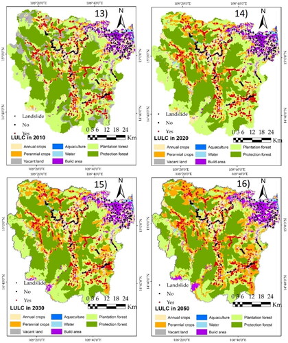 Figure 3. Landslide conditioning factors in the Tra Khuc river basin in Quang Ngai Province: 1) elevation, 2) curvature, 3) aspect, 4) slope, 5) NDVI in 2010, 6) NDBI in 2010, 7) NDVI in 2020, 8) NDBI in 2020, 9) distance from road, 10) soil type, 11) distance from river, 12) TWI, 13) LULC in 2010, 14) LULC in 2020, 15) LULC in 2030, 16) LULC in 2050, 17) average annual rainfall in 2030, 18) average annual rainfall in 2050, 19) average annual rainfall in 2010, 20) average annual rainfall in 2020, 21) distance to settlement in 2030, 22) distance to settlement in 2050, 23) distance to settlement in 2010, 24) distance to settlement in 2020, 25) NDWI in 2010, 26) NDWI in 2020, 27) morphology.