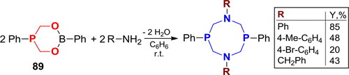 Scheme 58. Reaction of 2,5-diphenyl-1,3,5,2-dioxaphosphaborinane with primary amines.[Citation229,Citation240]