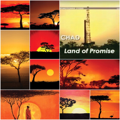 Figure 3 A collage of colonial imagined geographies of “local” African landscapes. From the top right is an opening scene of the oil consortium promotional video, Chad, Land of Promise (Citation2003), capturing the sun setting on an oil rig. This image has been juxtaposed with countless other iterations, each reflective of the pervasive colonial fantasy of the “promise” of “empty” frontier spaces in Africa. Collage by author.
