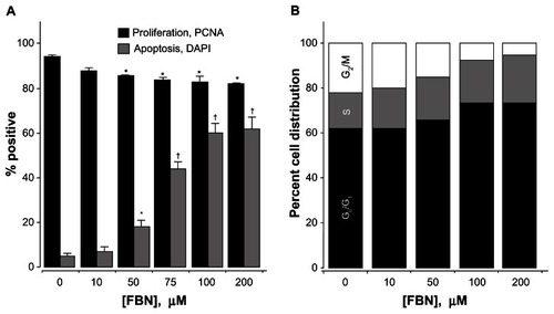 Figure 3 Effect of FBN on cell kinetics. FBN causes G0/G1 cell cycle arrest, induces apoptosis, and inhibits proliferation. (A) A-431 cells were treated with FBN at the indicated concentrations for 24 hours followed by PCNA quantification for proliferation or DAPI staining of apoptotic nuclei and counting as described in the Materials and methods section. Results are mean ± SEM of three different experiments. *P < 0.05; † P < 0.01 compared with untreated cells. (B) Asynchronous A-431 cells were treated with increasing concentrations of FBN as indicated for 24 hours.