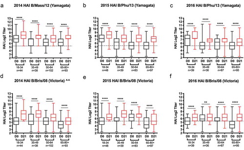 Figure 2. Hemagglutination inhibition (HAI) activity in serum antibody induced by FluzoneTM. HAI titers were determined from pre- (D0) and post-vaccination (D21) serum samples against the 2014–2016 influenza B viruses found in the Fluzone™ seasonal influenza vaccine. The vaccine strains consisted of B Yamagata-lineage strains (a) B/Massachusetts/2/2012 (B/Mass/12), and (b–c) B/Phuket/3073/2013 (B/Phu/13), and B Victoria-lineage strain (D-F) B/Brisbane/60/2008 (B/Bris/08). Values of each individual titer are the geometric mean titers (GMT) plus or minus the standard errors of the means (SEM), seen by the error bars. The box-and-whisker plots show the lower (Q1) and upper (Q4) quartile representing the ability of antibody to block viral attachment and the variability amongst the grouped data. The data are split into four different age groups for each component of the vaccine. The age group and n-value per age group is listed on the x-axis. Serum samples were tested (a and d) 2014 season, (b and e) 2015 season, (c and f) 2016 season. The y-axis is presented as a log scale and statistical significance shown as such: *p0.05; *p0.01; *p0.001; *p0.0001. (^^ note: The 2014 vaccine did not contain a Victoria component, so these increases seen are most likely a result of crossprotection/crossboosting from the Yamagata vaccine strain).