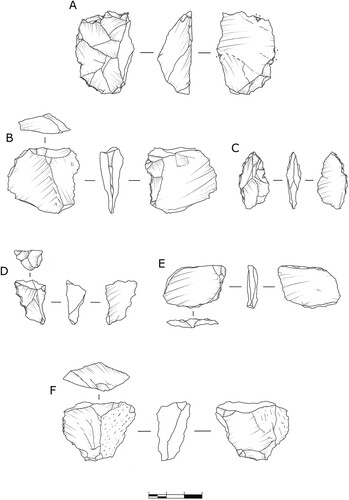 Figure 11. Retouched tools: A–D) denticulate; E) Levallois flake; and, F) retouched flake. A) Quartz; B) rhyolite; and, C–F) quartz.