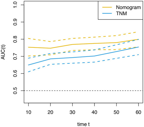Figure 5 Time-dependent ROC curves for the nomogram and TNM stage. The horizontal axis represents year after surgery, and the vertical axis represents the estimated AUC for survival at the time of interest. Yellow solid lines represent the estimated AUCs for the nomogram, and broken lines represent the 95% confidence intervals for AUC. Blue solid lines represent the estimated AUCs for TNM stage, and broken lines represent the 95% confidence intervals for AUC.