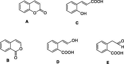 Figure 1. Coumarin (A) and isocoumarin (B), and their hydrolysis prroducts (C–E).