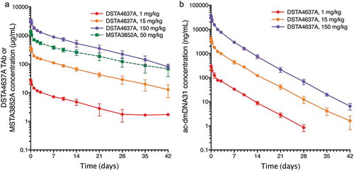 Figure 3. Group mean (± SD) concentration-time profiles of (a) DSTA4637A TAb and MSTA3852A and (b) DSTA4637A conjugate (measured as antibody-conjugated dmDNA31 [ac-dmDNA31]) following a single IV administration of DSTA4637A at 1, 15, or 150 mg/kg, or MSTA3852A at 50 mg/kg in cynomolgus monkeys. n = 3 for all time-points, except for DSTA4637A TAb in the 1 mg/kg group, for which n = 2 at Day 35 and n = 1 at Day 42. Representation of Figure 3 in molar units is in supplementary materials (Supplementary Figure 3).