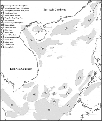 Figure 1. Illustration map of oil and gas-bearing basin in the SCS.Source: The drawing of this map referenced the following sources: Wang, Ocean Geography of China, 415; China Geological Survey of Ministry of Land and Resources, Marine Geological Work Memorabilia of P.R. China (1949–1999), 26; Li, World Atlas of Oil and Gas Basins, 47.