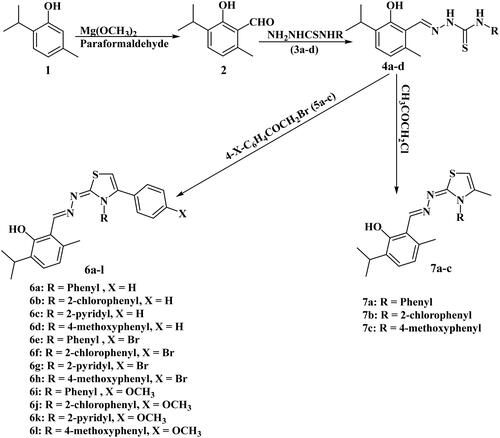 Scheme 1. Synthesis of the target thymol—3,4-disubstitutedthiazole hybrids.