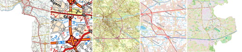 Figure 1. Collage of conventional maps covering the same area as E17 Motorway Landscapes, from left to right: CitationNational Geographic Institute (1979), ©NGI/IGN), CitationViamichelin (2015, ©Viamichelin), CitationNational Geographic Institute (1997, ©NGI/IGN), CitationNational Geographic Institute (2014, ©NGI/IGN) and CitationOpenStreetMap (2015, ©OpenStreetMap contributors).
