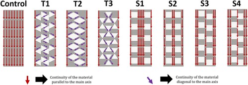 Figure 7. Representations of the continuity lines of the material along the designs, oriented parallel and diagonal to the main axis.