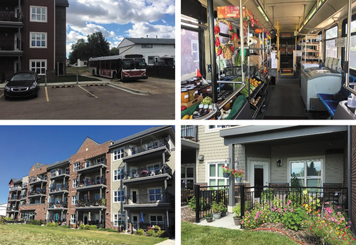 Figure 3. Building sidewalks connected to farmers’ market bus (top-left); Farmers’ market bus interior (top-right); Building patios and balconies (bottom-left); Furniture and plants on one patio 388 (bottom-right).