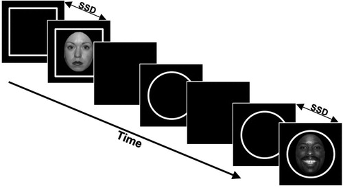 Figure 1. Stop-Signal Task Schematic for Studies 1, 2, and 3. During go trials (e.g. no face appears inside the shape), participants responded to the go signal (circle or square), whereas during stop trials, they were instructed to withhold motor response. In Study 1 all faces signalled a stop trial, in Study 2 a specific gender (either male or female) signalled a stop trial, and in Study 3 a specific facial expression (fear, happy, or neutral expression) signalled a stop trial. The stop-signal followed the go stimulus after a variable-length delay, the stop-signal delay (SSD), which was independently adaptive for each stop-signal condition (fear, happy, or neutral facial expressions) to maintain behavioural performance at approximately 50% correct.