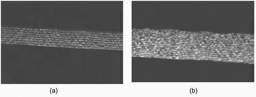 Figure 6. Transmitted light optical micrographs of oxide layers formed in a) ZIRLO and in b) Zircaloy-4 showing the periodic layers associated with successive oxide transitions formed during corrosion. From [Citation41].