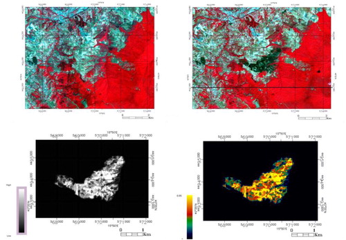 Figure 10. Rifreddo fire. Upper: Sentinel-2 image (pre-fire); Sentinel image (post-fire). Lower: dNBR; dNBR (range).