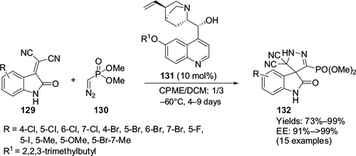 Figure 42 Application of modified Cinchona-alkaloid catalyst with C9 hydroxyl and C6′ alkoxy groups in synthesis of chiral spiro-phosphonylpyrazoline-oxindoles.