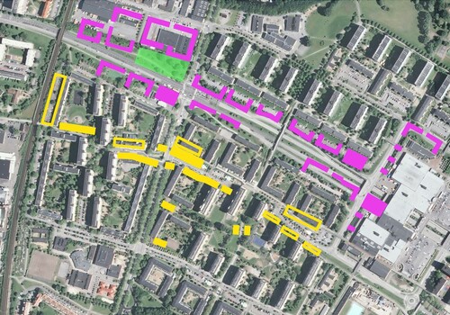 Figure 4: Orthophoto of the site (Ortofoto RGB 0.5m © CitationLantmäteriet) combined with the proposed built additions of the 2015 structure plan in yellow and the proposed built additions and park of the 2020 structure plan in pink and green. Collage by authors.