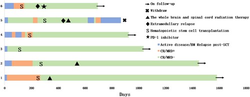 Figure 2. Days of treatment efficacy and survival with the six patients.